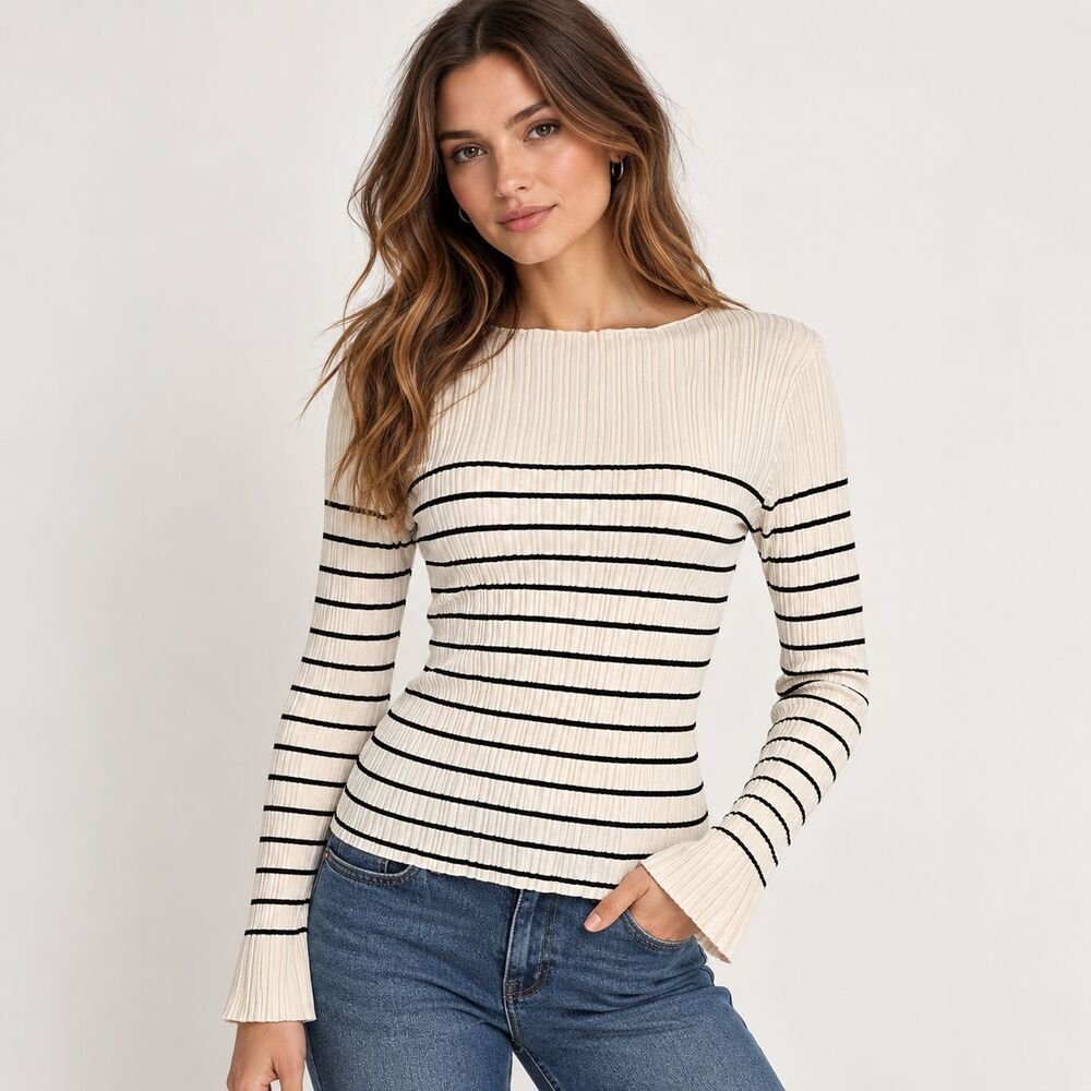 DISSH XXL Cream Black Striped Ribbed Knit Top Long Sleeve Flare Cuff Stretch
